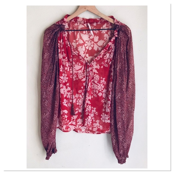 Free People Hendrix Blouse Red Floral Boho Tassel Front Size XS - Picture 1 of 11
